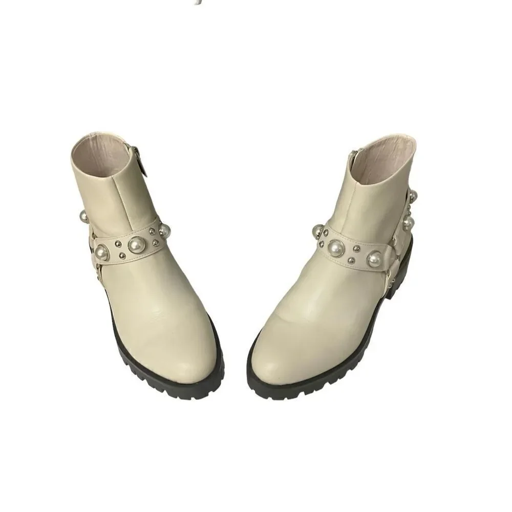 Karl Lagerfeld Paris NEW Combat Moto Booties Faux Pearl